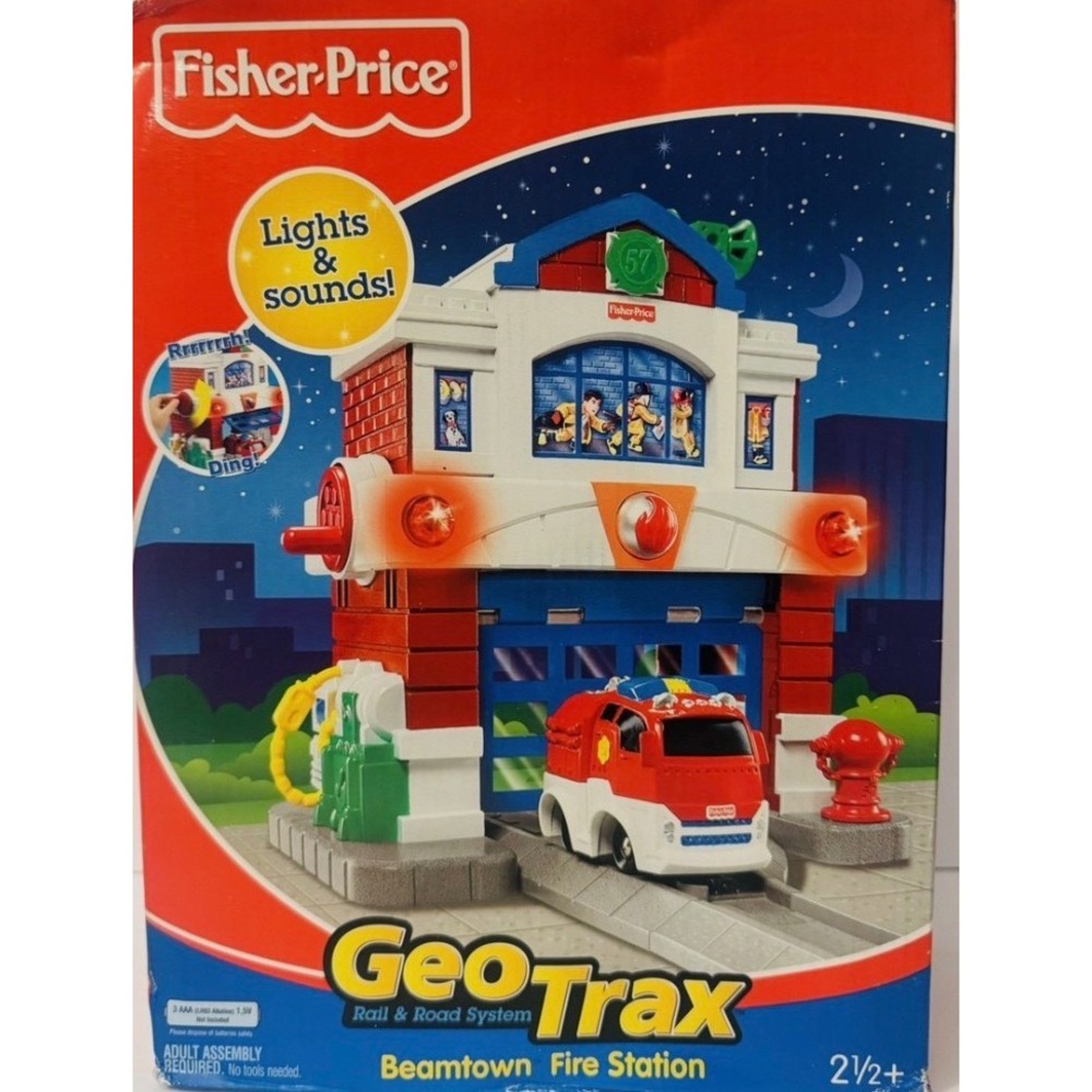 Fisher-Price GeoTrax Beamtown Fire Station Rail Road System Lights Sounds NEW